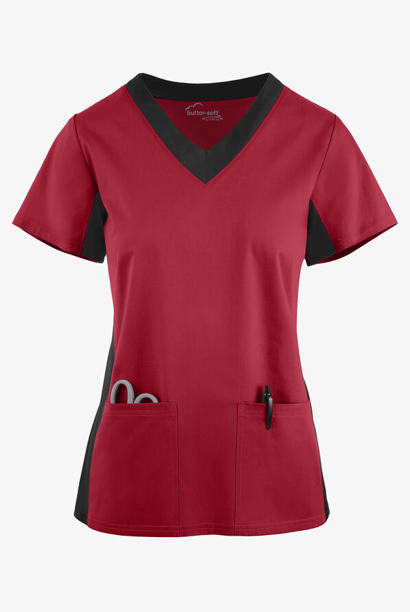 Butter-Soft STRETCH Women's 3-Pocket Contrast Scrub Top - Ruby/Black - 1