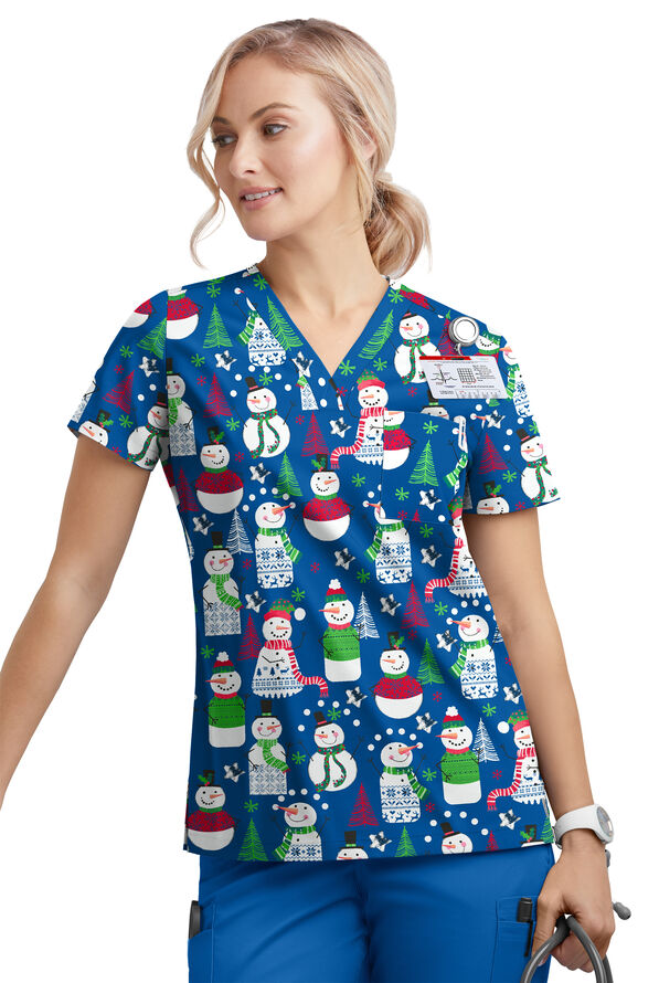 Butter-Soft Juggling Snowman Royal Women's 1-Pocket V-Neck Tuck-In Print Scrub Top - null - 2
