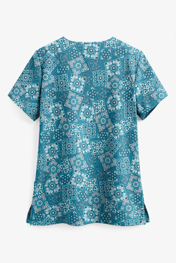 Butter-Soft STRETCH Bandana Paisley Harbor Blue Women's 2-Pocket V-Neck Print Scrub Top - null - 2