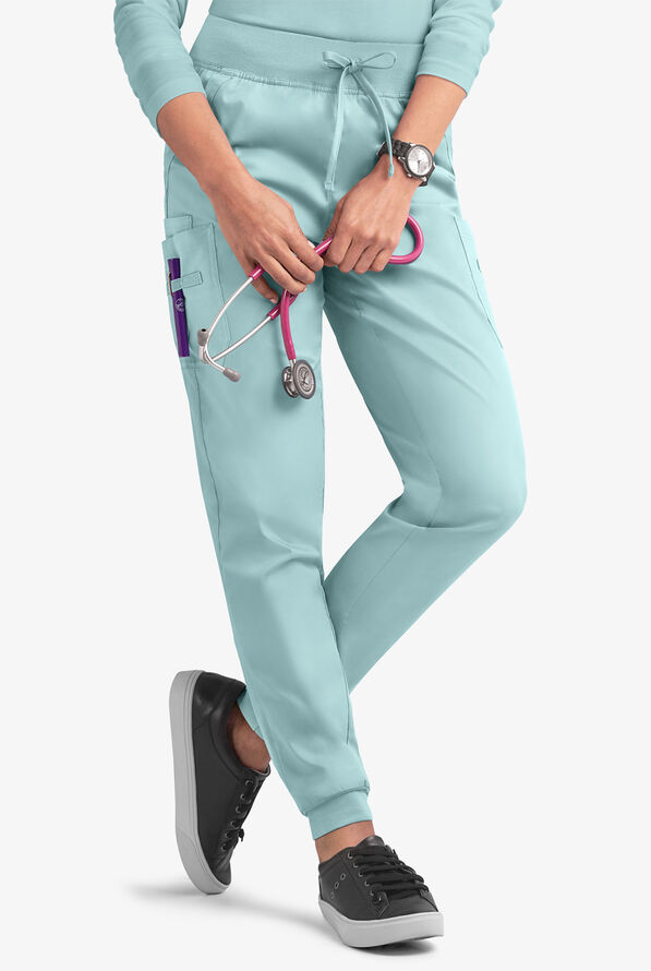 Butter-Soft STRETCH Women's 5-Pocket Cargo Jogger Scrub Pants - Petite - Salt Blue - 1