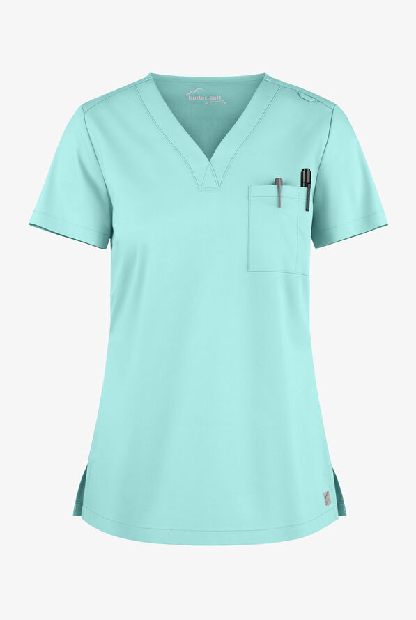 Blusa m&eacute;dica Butter-Soft STRETCH con cuello en V y 2 bolsillos para mujer - Sea Frost - 1