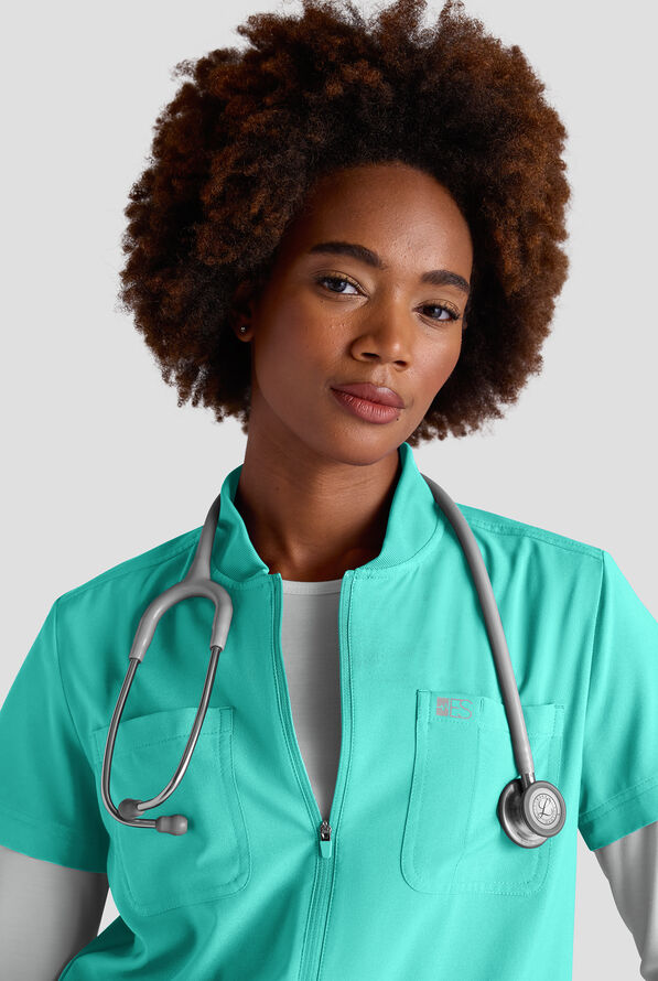 Easy STRETCH Nika Women's Zip Front Scrub Top&ndash; 2-Piece Jumpsuit Top - Aqua Dust - 3