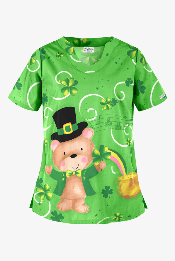 UA Pot O' Gold Grass Green Women's 2-Pocket Scallop Neck Print Scrub Top - null - 1