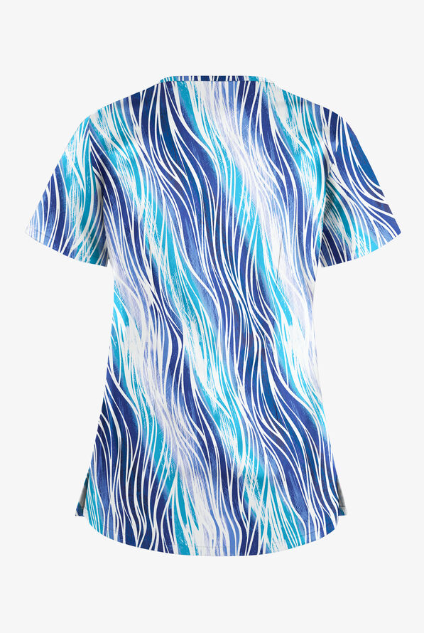 Butter-Soft STRETCH Water Waves Women's 4-Pocket Crisscross Print Scrub Top - null - 2