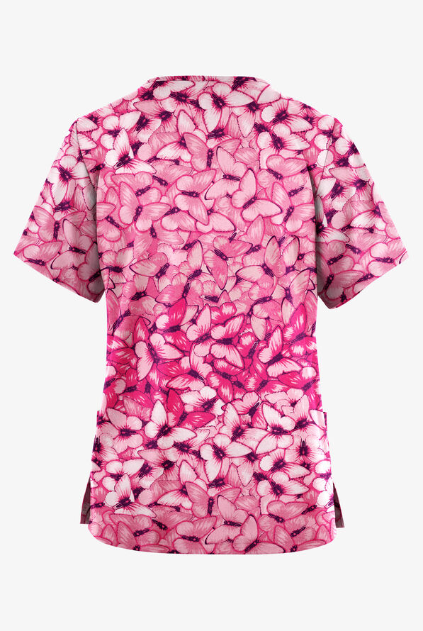 Blusa médica estampada Butter-Soft Originals Garden Butterflies Blush de corte clásico con cuello en V y 2 bolsillos para mujer - null - 2
