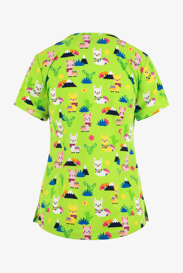 French Bull by koi Spring Llama Women's 2-Pocket STRETCH V-Neck Print Scrub Top - null - 2
