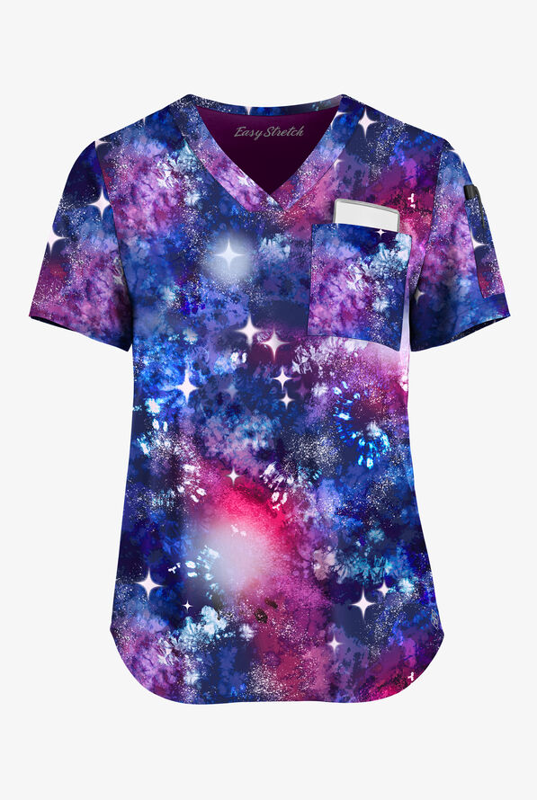 Easy STRETCH Cosmos Navy Women's 3-Pocket V-Neck Tuck-In Print Scrub Top - null - 1