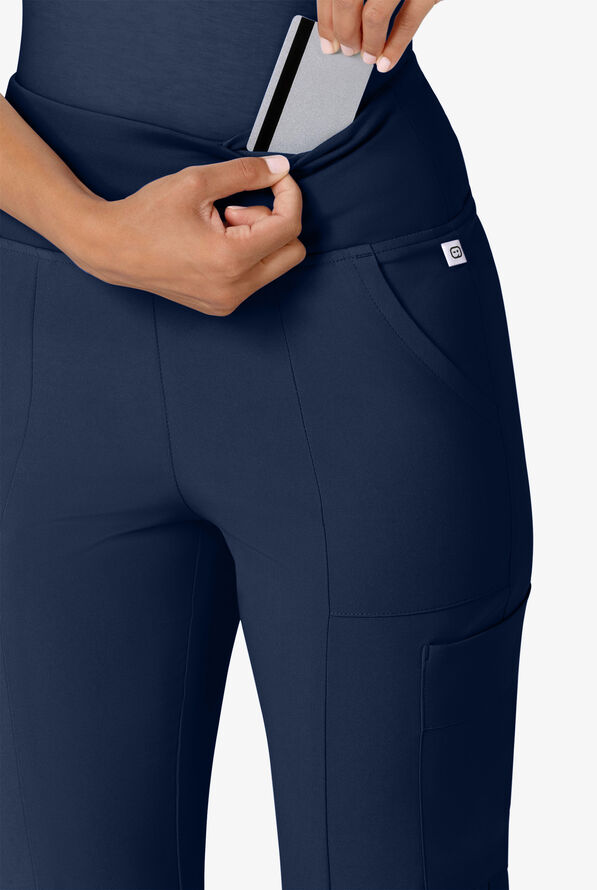 Wink Renew Women's 7-Pocket STRETCH Yoga Waist Flare Notch Leg Cargo Scrub Pants - Navy - 2