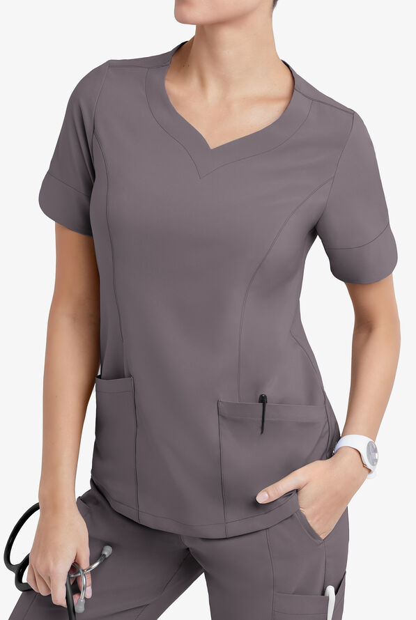 Easy STRETCH Aisha Women's 2-Pocket Sweetheart Neckline Scrub Top - Grey Stone - 3