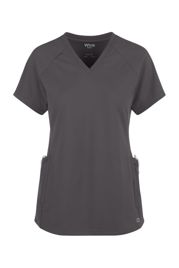 Wink Renew Knit Women's 4-Pocket STRETCH Rib-Knit Side Panel Raglan Sleeve V-Neck Scrub Top - Pewter - 1