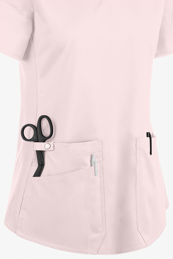Med Couture Touch Women's 3-Pocket STRETCH Rib-Knit Side Panels Shirttail V-Neck Scrub Top - Ice Pink - 3