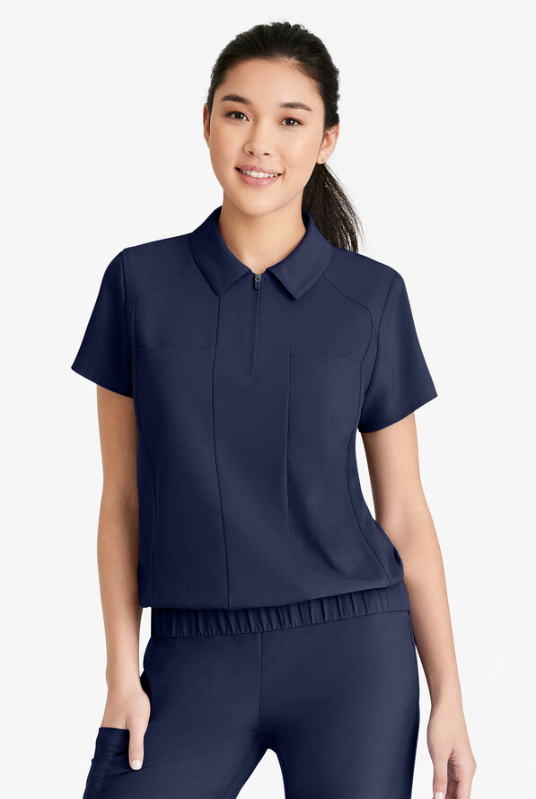 Grey's Anatomy by Barco Evolve STRETCH Perseverance Women's 2-Pocket Banded Waist Collar Scrub Top - Indigo - 4