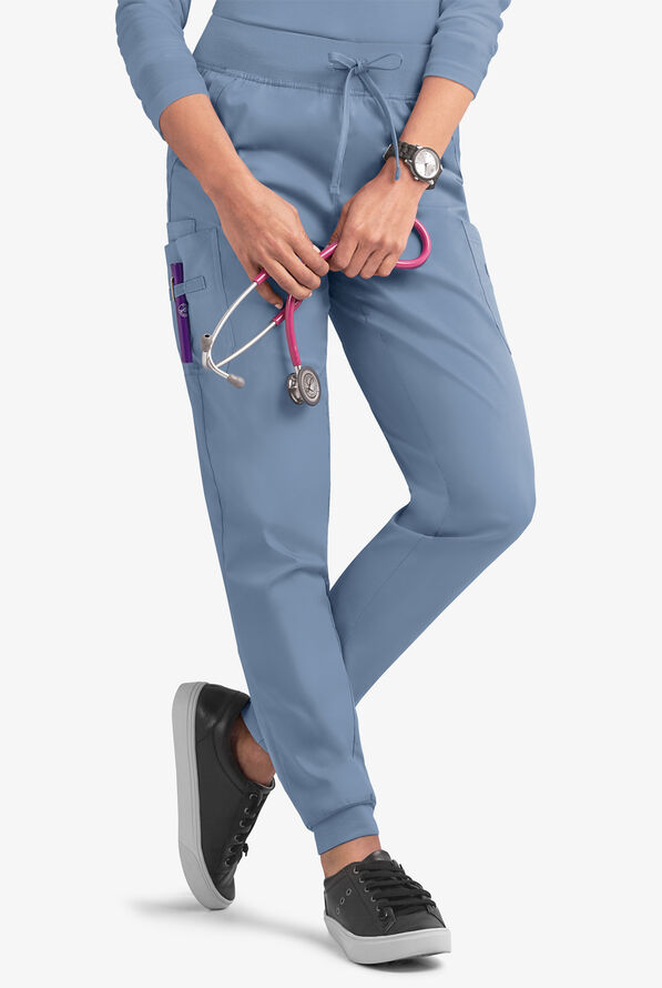 Butter-Soft STRETCH Women's 5-Pocket Cargo Jogger Scrub Pants - Petite - Indigo Batik - 1