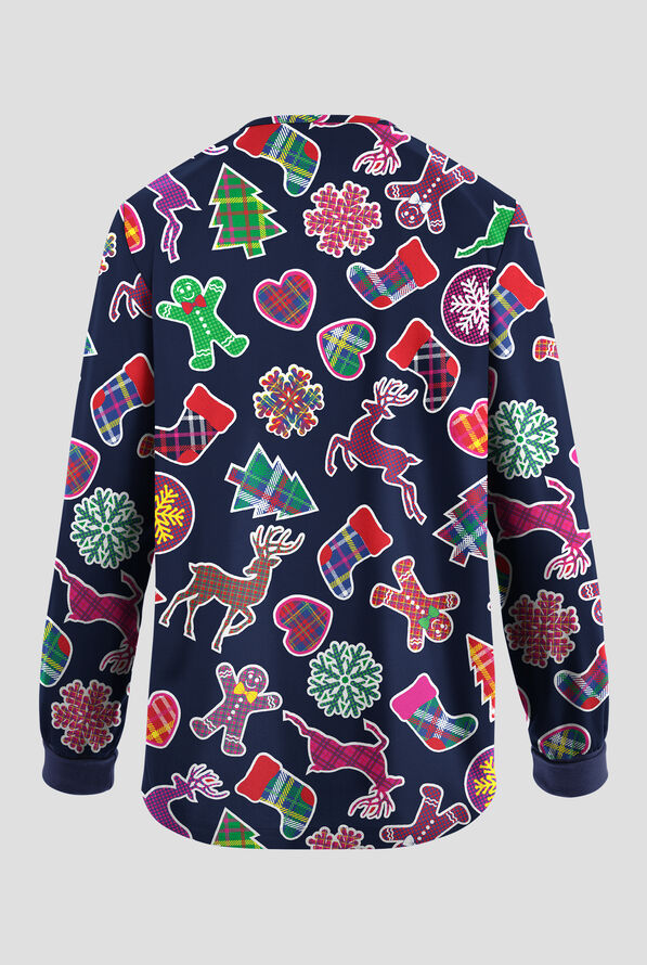 Butter-Soft Originals Christmas Tartan Navy Women's 2-Pocket Warm-Up Print Scrub Jacket - null - 2
