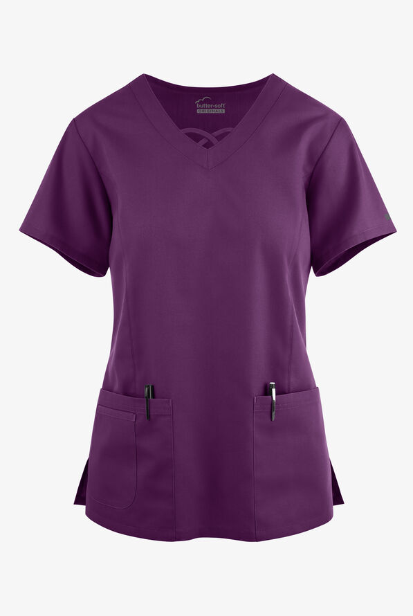Blusa médica Butter-Soft Originals con cuello entrecruzado y 3 bolsillos para mujer - Eggplant - 1