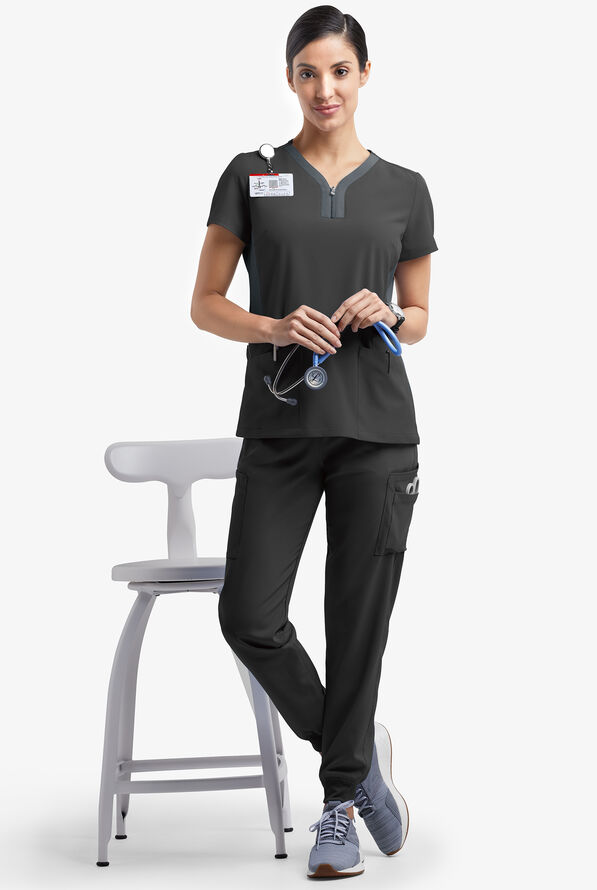 Easy STRETCH Lily Women's 4-Pocket Zip Neck Henley Scrub Top - Onyx Black/Pewter - 2