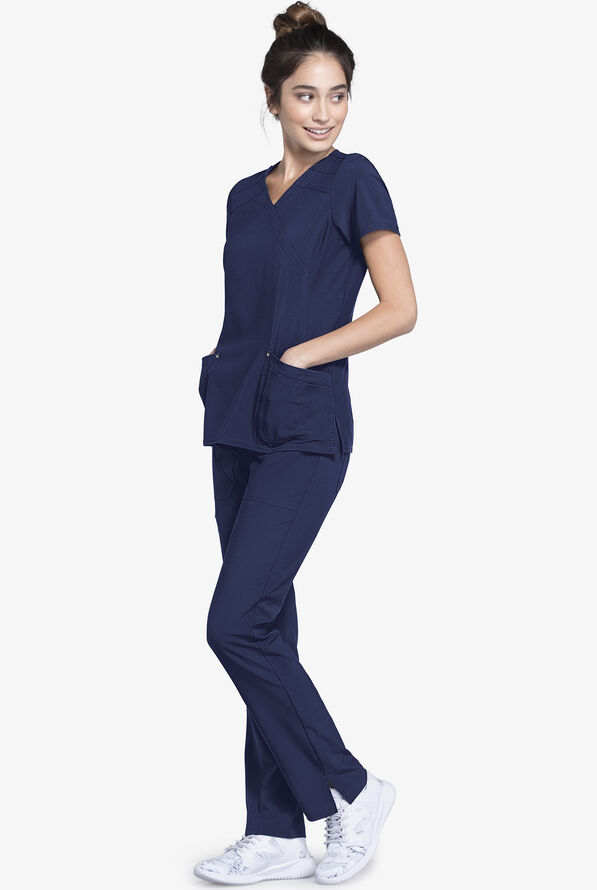 Cherokee iflex Women's 3-Pocket STRETCH Knit Panel Mock Wrap Scrub Top - Navy - 2