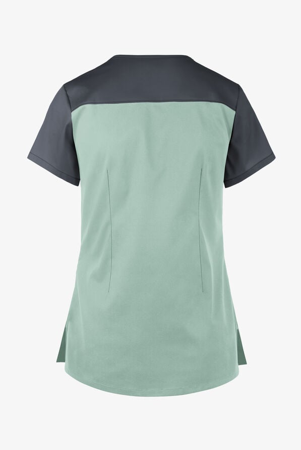 Butter-Soft STRETCH Women's 5-Pocket Asymmetric Scrub Top - Eucalyptus Leaf/Pewter - 3