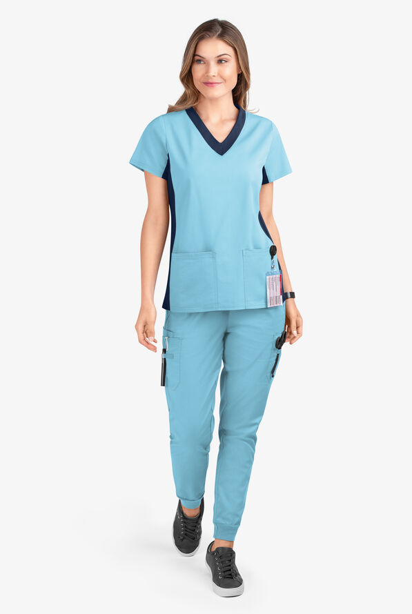 Butter-Soft STRETCH Women's 3-Pocket Contrast Scrub Top - Poolside View/Navy - 2