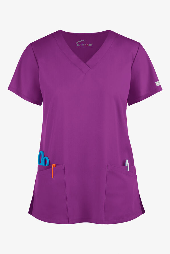Butter-Soft Core Women's 4-Pocket Rounded V-Neck Scrub Top - Berry Burst - 1