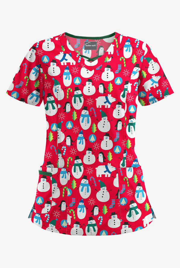 Butter-Soft North Pole Party Red Women's 3-Pocket Criss Cross Print Scrub Top - null - 1