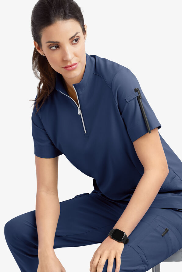 Easy STRETCH Jen Women's 4-Pocket Zip-Neck Short Sleeve Scrub Top - Navy - 7