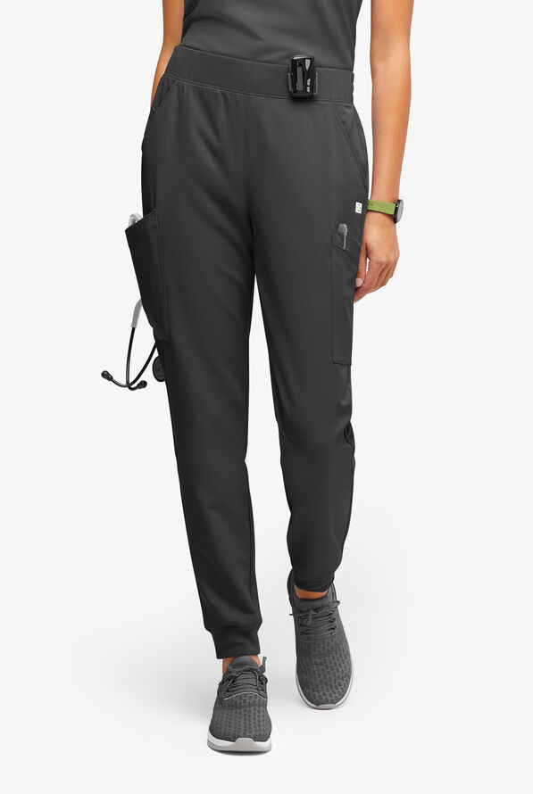 ReSurge Amber Women's Modern 7-Pocket Flat Front Slim Leg Jogger Scrub Pants - Petite - Black - 1