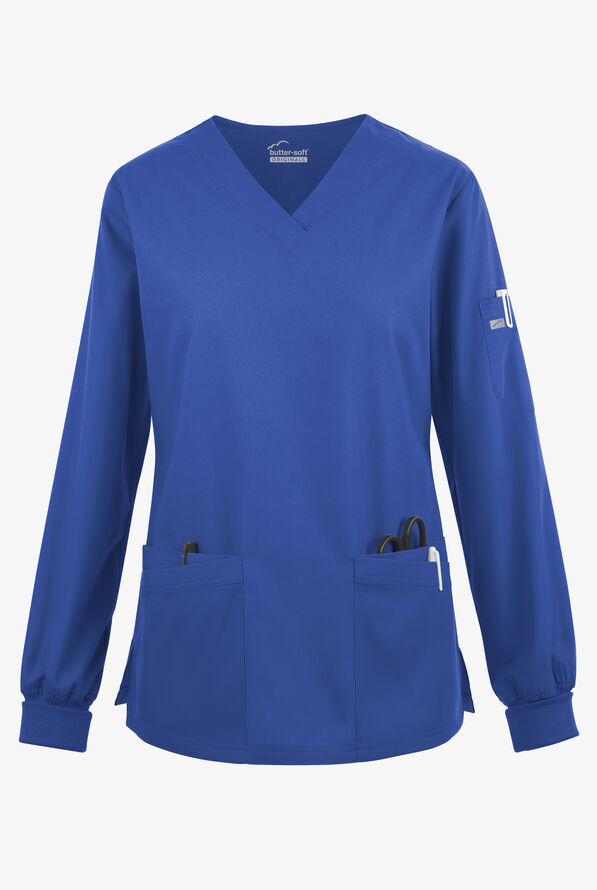 Blusa médica manga larga Butter-Soft Originals con cuello en V curvo y 7 bolsillos para mujer - Galaxy - 1
