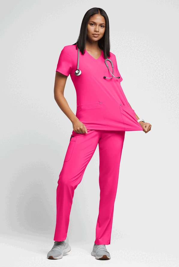 Easy STRETCH Lina Mitered Women's 4-Pocket V-Neck Scrub Top - Reactive Pink - 4