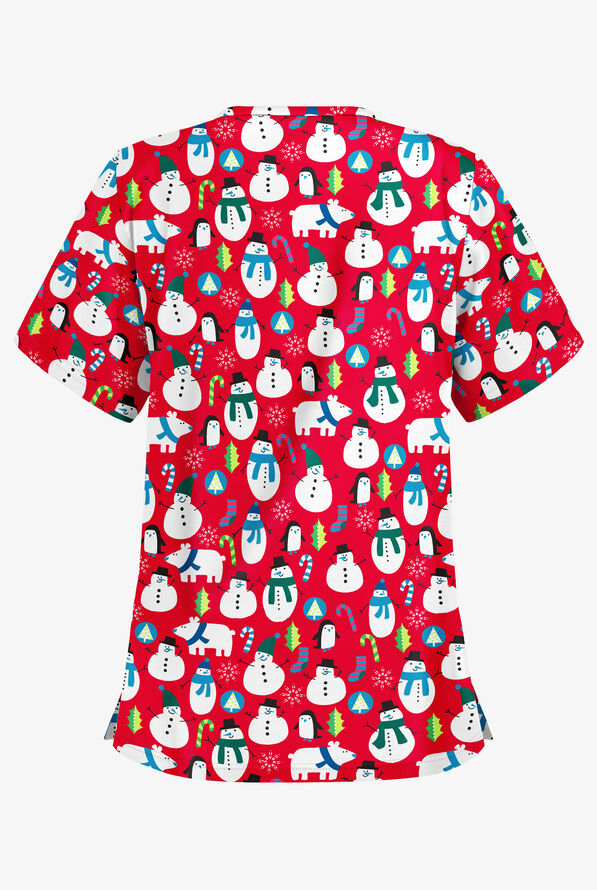 Butter-Soft North Pole Party Red Women's 2-Pocket Relaxed Fit V-Neck Print Scrub Top - null - 2