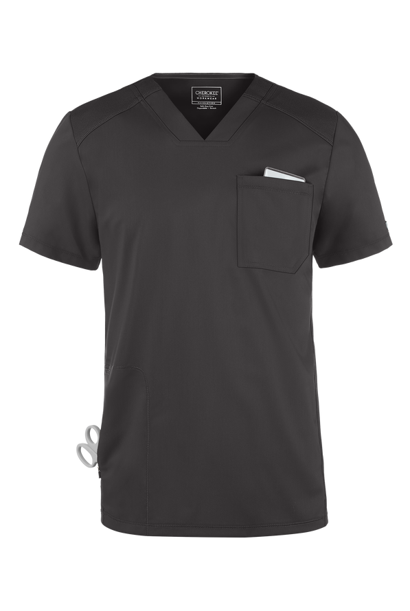 Cherokee Workwear Revolution Men's 2-Pocket STRETCH V-Neck Scrub Top - Pewter - 1