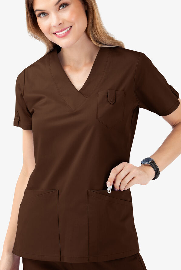 Butter-Soft STRETCH Women's 6-Pocket V-Neck Scrub Top - Coffee Bean - 5