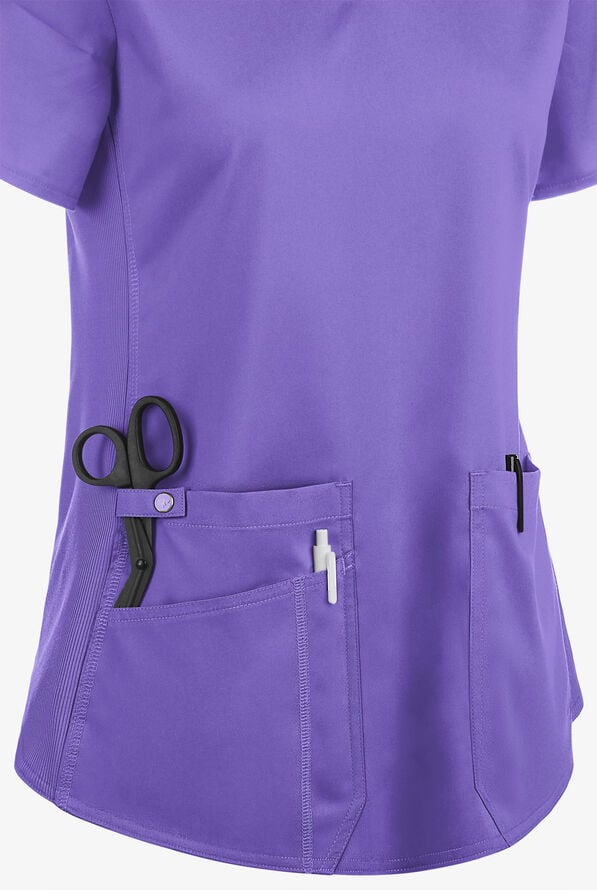 Med Couture Touch Women's 3-Pocket STRETCH Rib-Knit Side Panels Shirttail V-Neck Scrub Top - Electric Lavender - 3