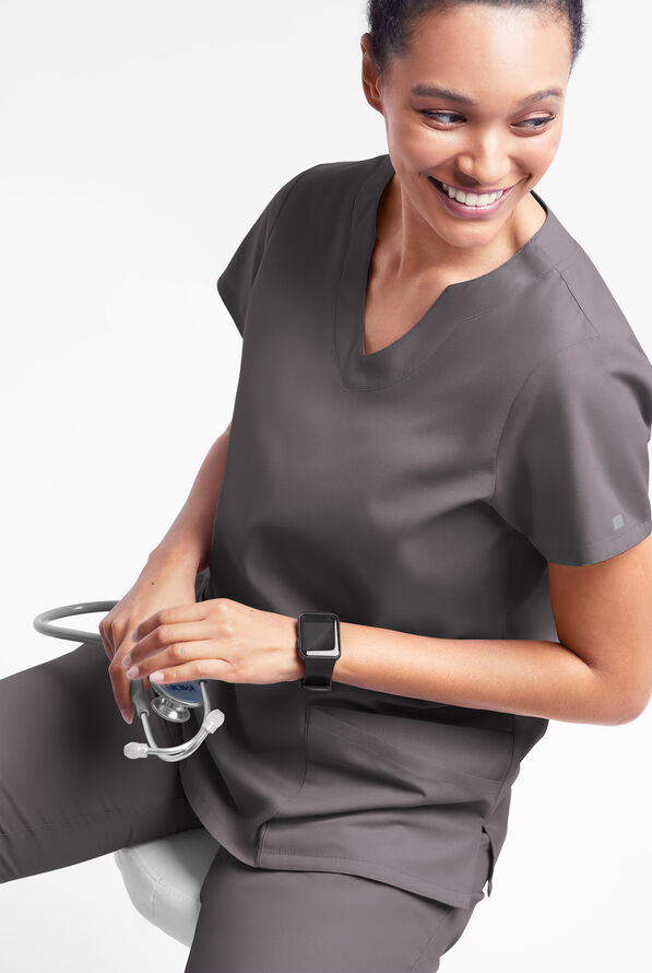 Butter-Soft Originals Women's 6-Pocket Scallop Neck Scrub Top - Grey Stone - 4