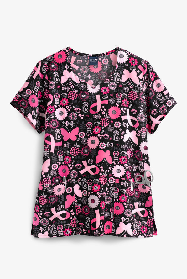 Zoe & Chloe Butterflies and Bows Women's 2-Pocket Diamond Neck Print Scrub Top - null - 1
