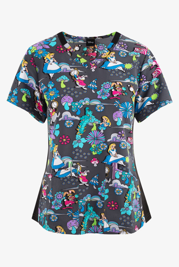 Tooniforms Alice In Wonderland Women's 2-Pocket V-Neck STRETCH Print Scrub Top - null - 1
