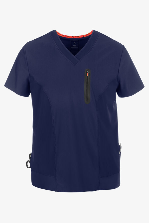 Infinity GNR8 Kinetic Knit Men's 3-Pocket STRETCH Zip Chest Pocket Crossover V-Neck Scrub Top - Navy - 1