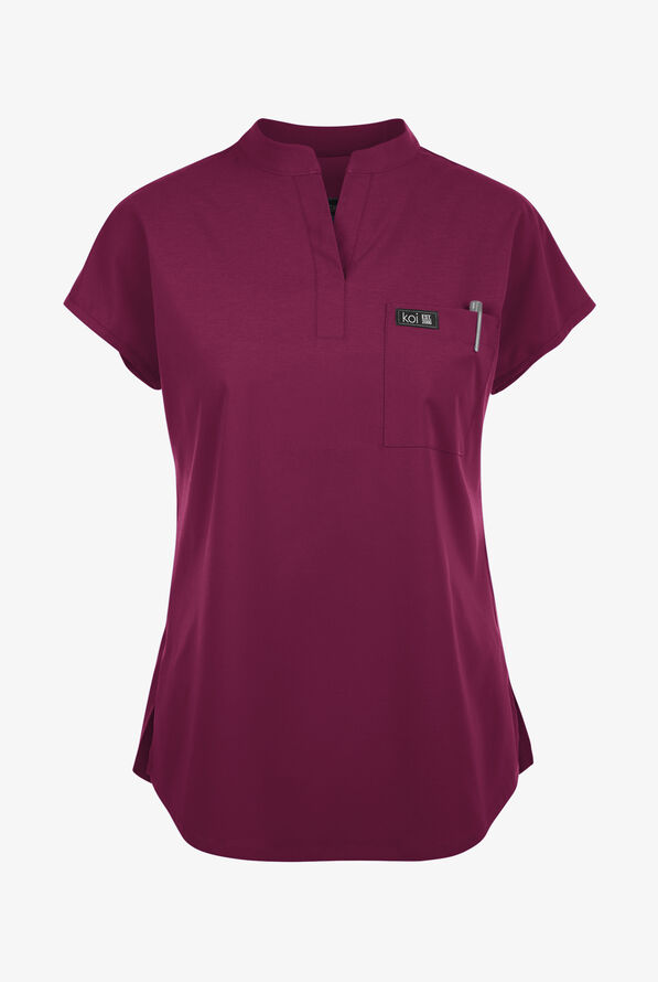 koi Basics Ari Women's 1-Pocket STRETCH Dolman Sleeve Mandarin Collar Scrub Top - Wine - 1