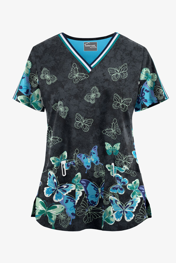 Butter-Soft STRETCH Butterfly Border Women's 3-Pocket Sport Trim V-Neck Print Scrub Top - null - 1