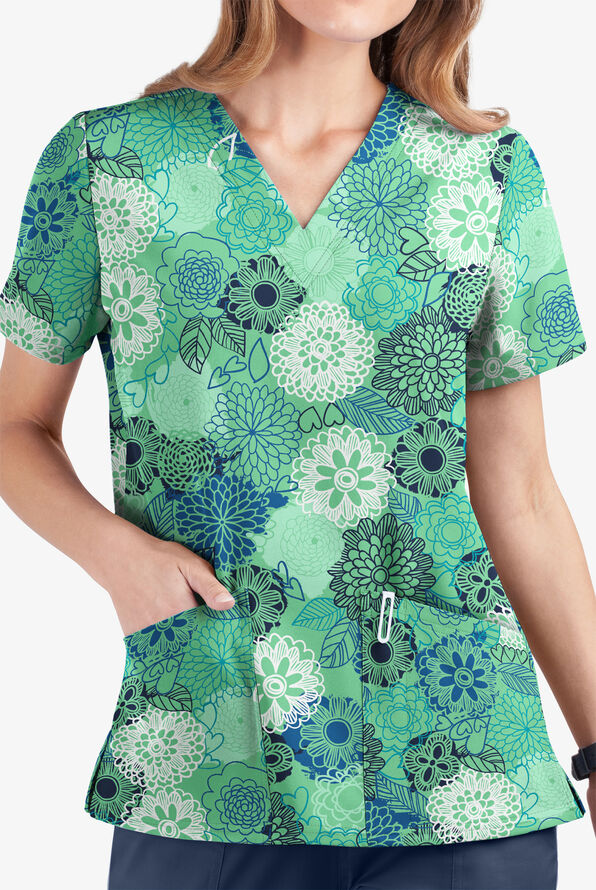 UA Butter-Soft STRETCH Danish Floral Green Jade Women's 2-Pocket V-Neck Print Scrub Top - null - 1