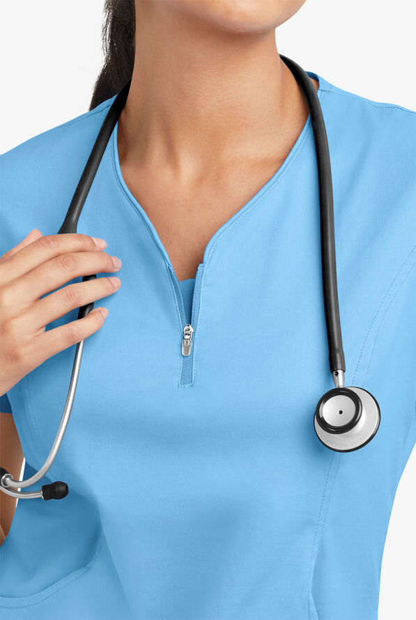 Butter-Soft STRETCH Women's 4-Pocket Curved Neck Zipper Scrub Top - Blue Oasis - 5