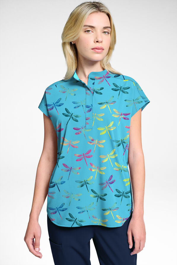 Butter-Soft STRETCH Dragonfly Dance Turquoise Women's Dolman Print Scrub Top - null - 1