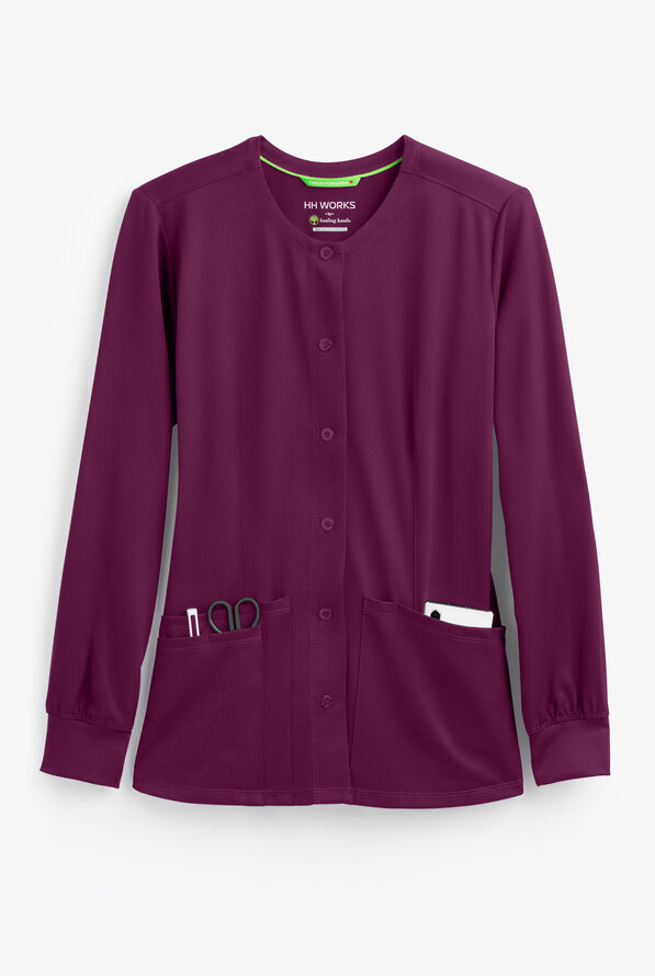 HH Works by Healing Hands Megan Women's 4-Pocket STRETCH Round Neck Warm-Up Scrub Jacket - Wine - 1