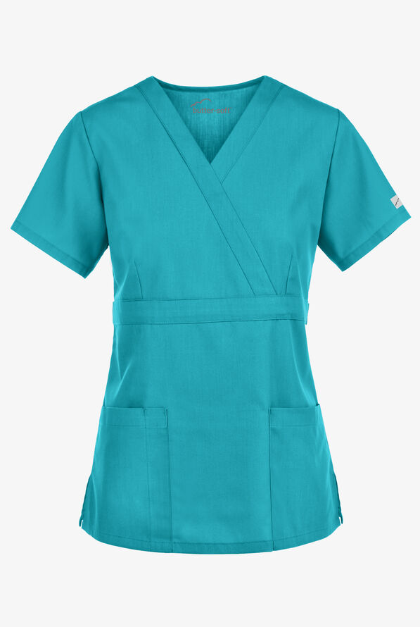 Butter-Soft Core Women's 2-Pocket Empire Mock Wrap Scrub Top - Teal - 1