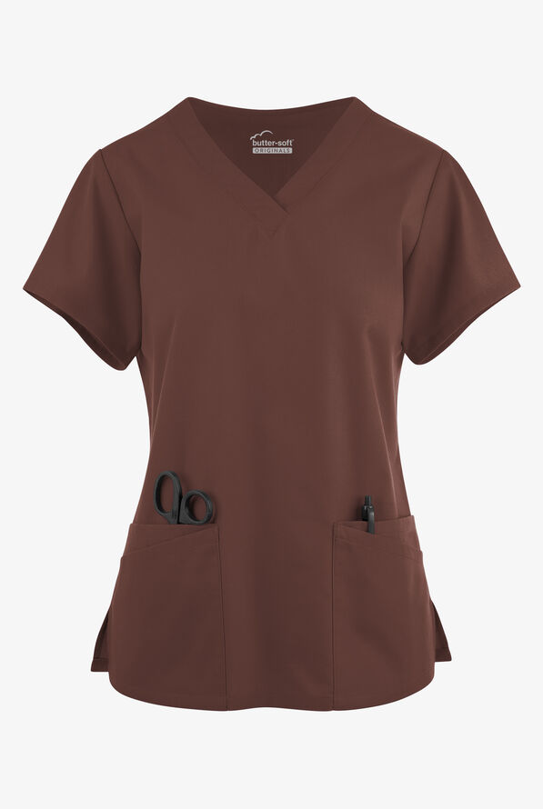Blusa médica Butter-Soft Originals con cuello en V y 6 bolsillos para mujer - French Roast - 1