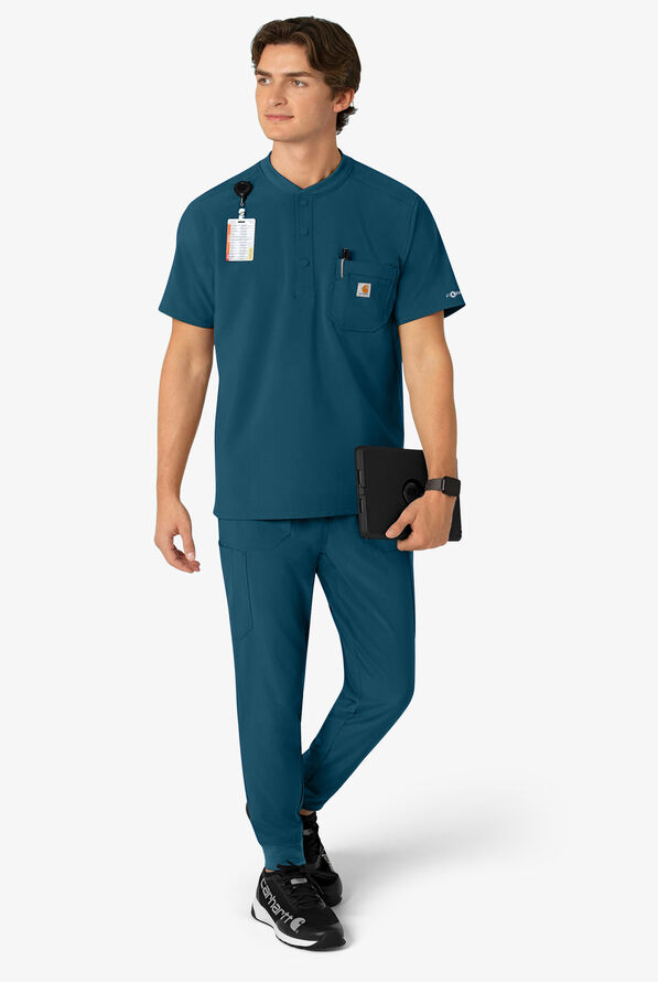 Carhartt Cross-Flex Men's 3-Pocket STRETCH Zip Pocket Henley Banded Collar Scrub Top - Caribbean Blue - 5