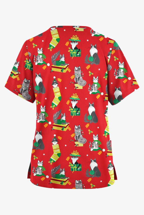 Butter-Soft Originals Playful Christmas Red Women's 2-Pocket Classic Fit V-Neck Print Scrub Top - null - 2