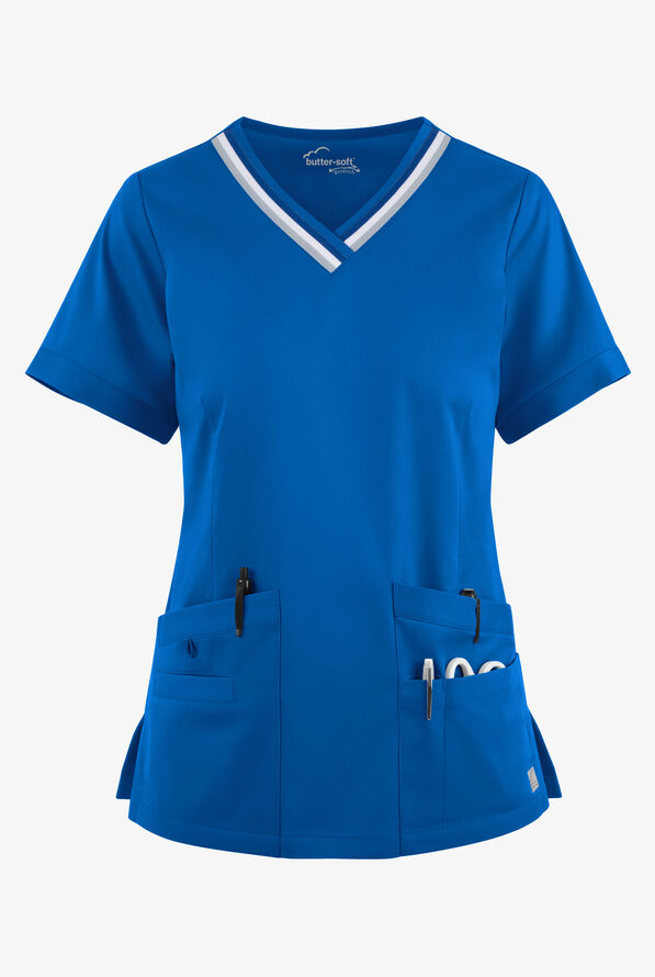 Butter-Soft STRETCH Women's 5-Pocket Short Sleeve V-Neck with Sport Trim Detail Scrub Top - Royal - 1