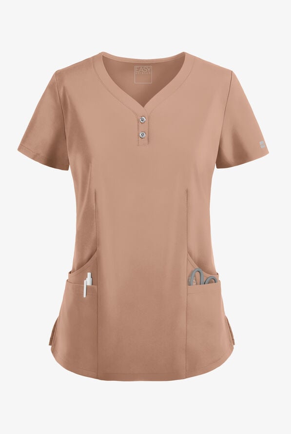 Blusa m&eacute;dica Easy STRETCH Demi estilo Henley con 4 bolsillos para mujer - Warm Terrazzo - 1