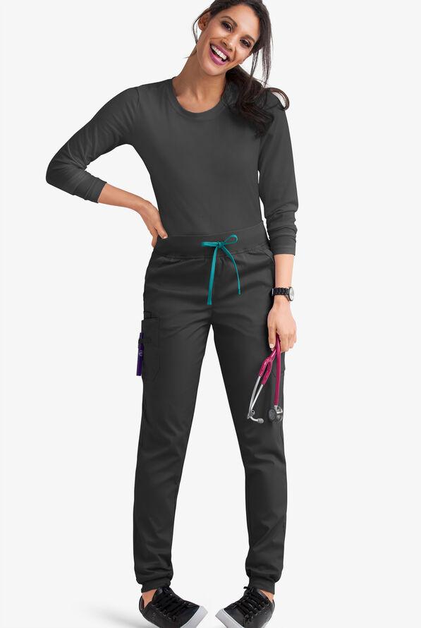 Butter-Soft STRETCH Women's 5-Pocket Contrast Trim Drawstring Cargo Scrub Pants - Black/Teal - 2